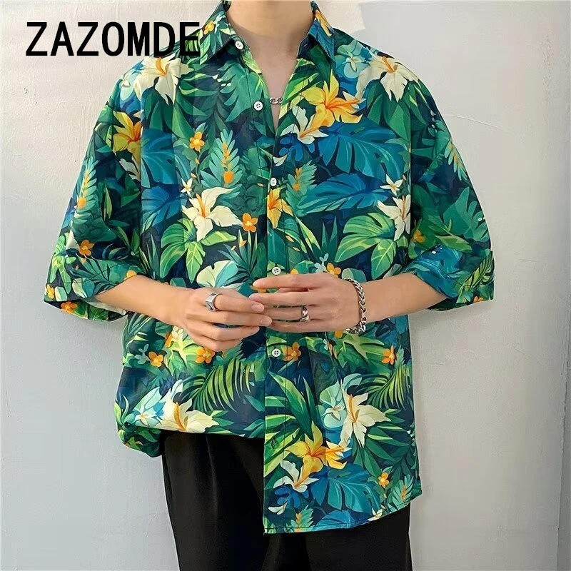 ZAZOMDE Camisa estampada de manga corta para hombres, Tops de pareja con personalidad de playa, camisas casuales sueltas Retro de hip hop, ropa Hawaiana de verano