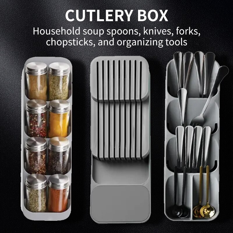  Kitchen Drawer Cutlery Storage Tray Knife Holder Spoon Forks Tableware Organizer Container For Spice Bottles Knives Block Rack 