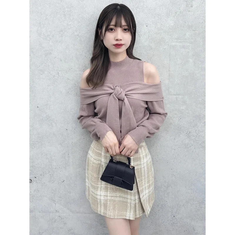 

Gagarich 2025 Sweater Summer New Japanese Cross Border Bow Twisted Off Shoulder Long Sleeve Knitted Pullover Women