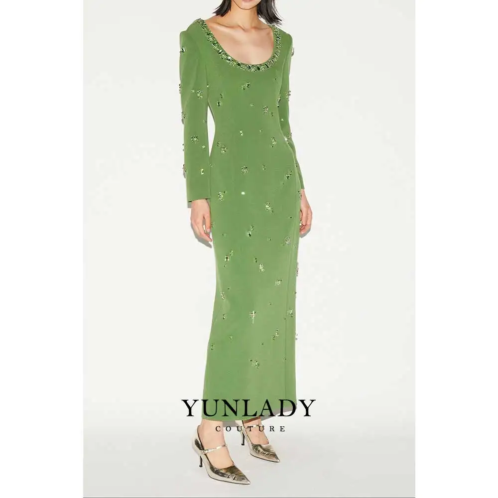 Luxury Saudi Arabian Women's Formal Party Dress Long Sleeves Apple Green Cocktail Dress Customized Wedding Party Guest Dress