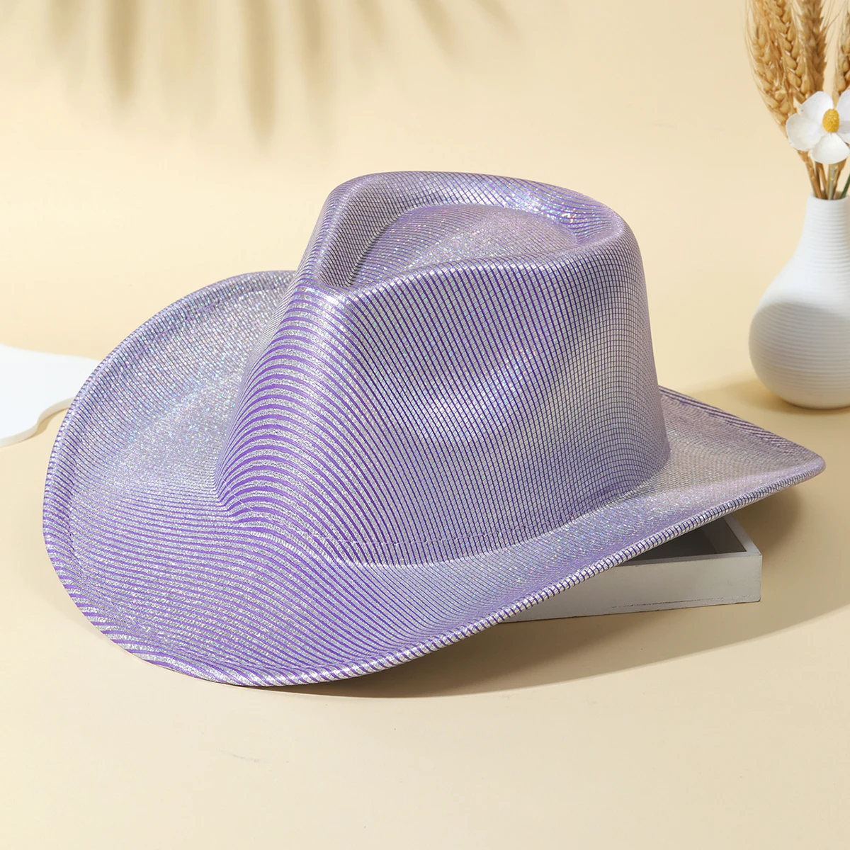 New Women Purple Cowboy Hat Western Fedora Hats Ladies Fashion Striped Cowgirls Hat Pink Party Jazz Hats Church Wedding Fedoras