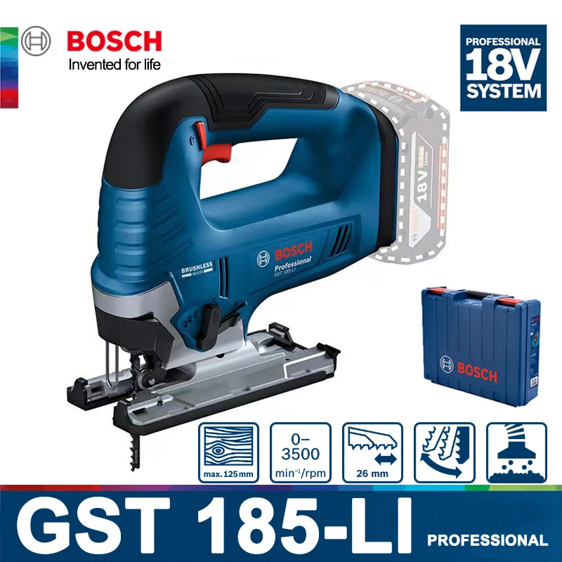 Bosch-Jig Saw recarregável sem fio, serra curva 18V, corte de madeira, Cruz Jigsaw corte, 125mm profundidade, motor sem escova, GST 185-LI