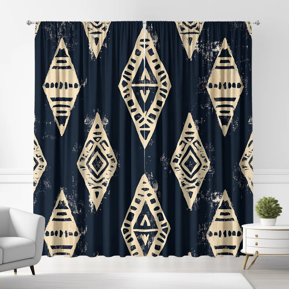 Ethnic Diamond Pattern Curtains Set of 2 – Navy & Cream Tribal Geometric Print, Rod Pocket Light Filtering Drapes