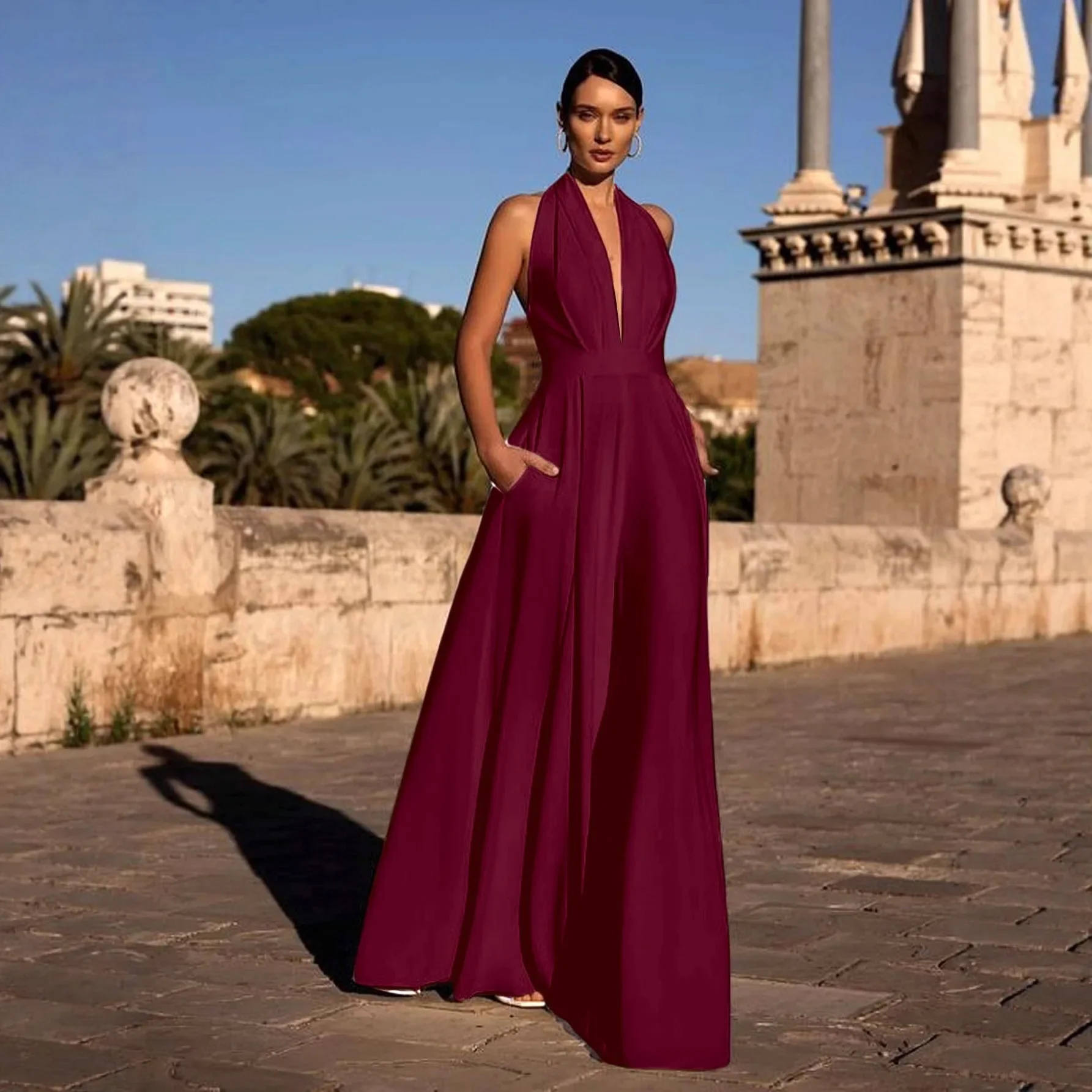 

Temperament Elegant Halter Neck Jumpsuits Women Sexy Deep V-neck Backless High Waist Wide Leg Jumpsuit Solid Color Female New