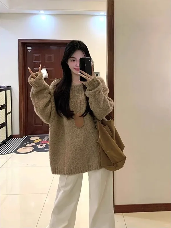 

Autumn Winter Thiened Soft Loose Women's Knitted Sweater Coffee Color Overhead Casual Long Sve round Ne Warm Top