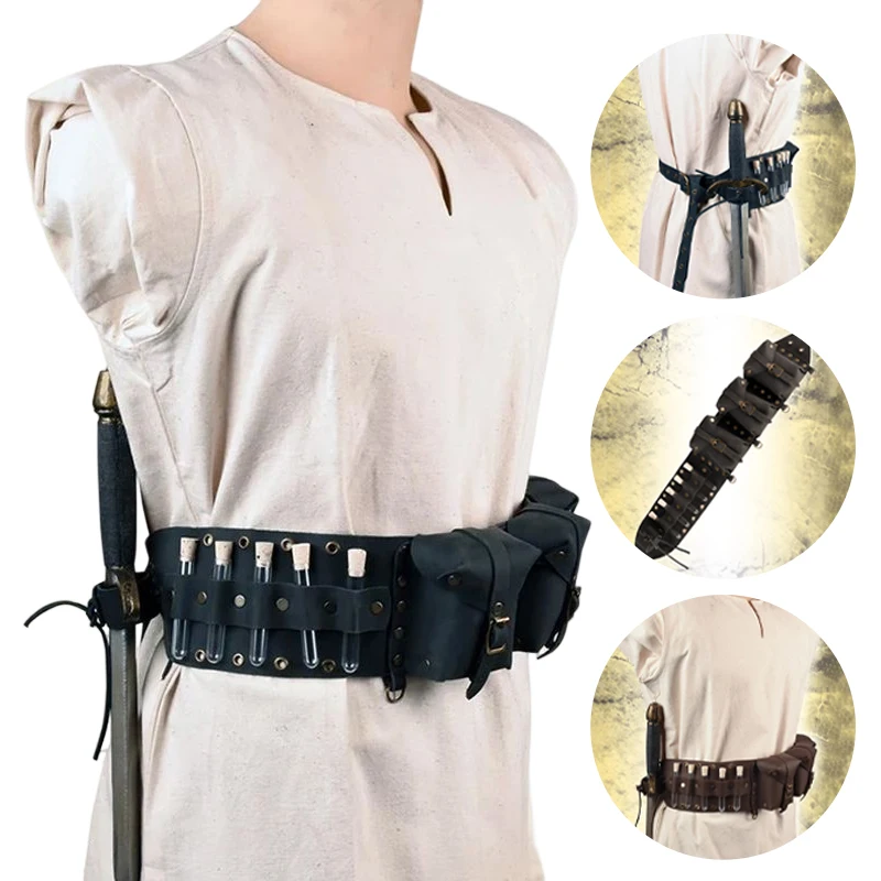 Medieval Alchemy Sword Belt Bag Witch Wizard Costume Kit Druid Healer Potion Bottle Sash Steampunk Witchcraft Accessory for Larp