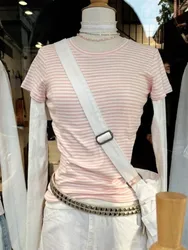 Sweet Pink Striped Slim T-shirt Women Spring Round Neck Cotton Short Sleeve Tee Shirts Female Cute Preppy Style Y2K T shirts New
