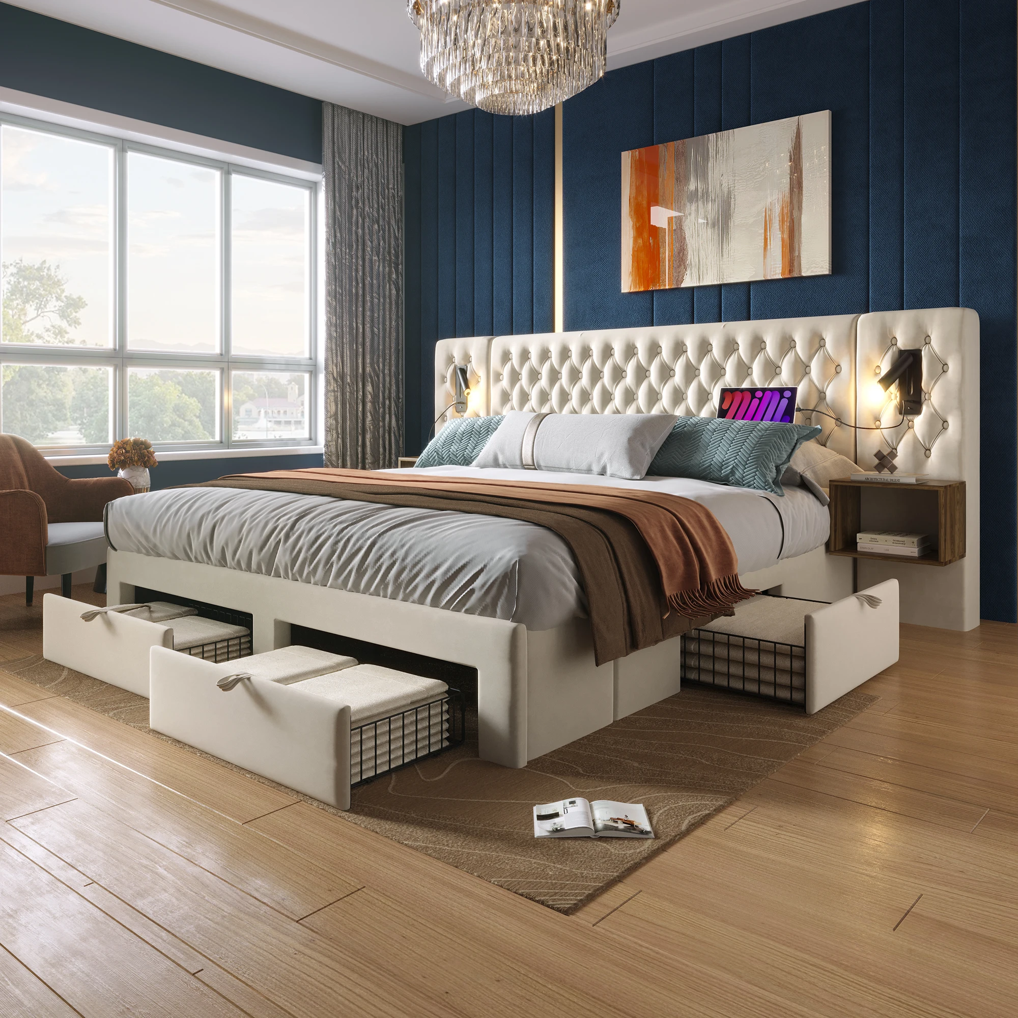 Schlafzimmer-Bettset, gepolstertes Doppelbett 160×200 cm mit 2 Nachttischen und 4 Schubladen, Beige, Samt (Matratze nicht im Lieferumfang enthalten)