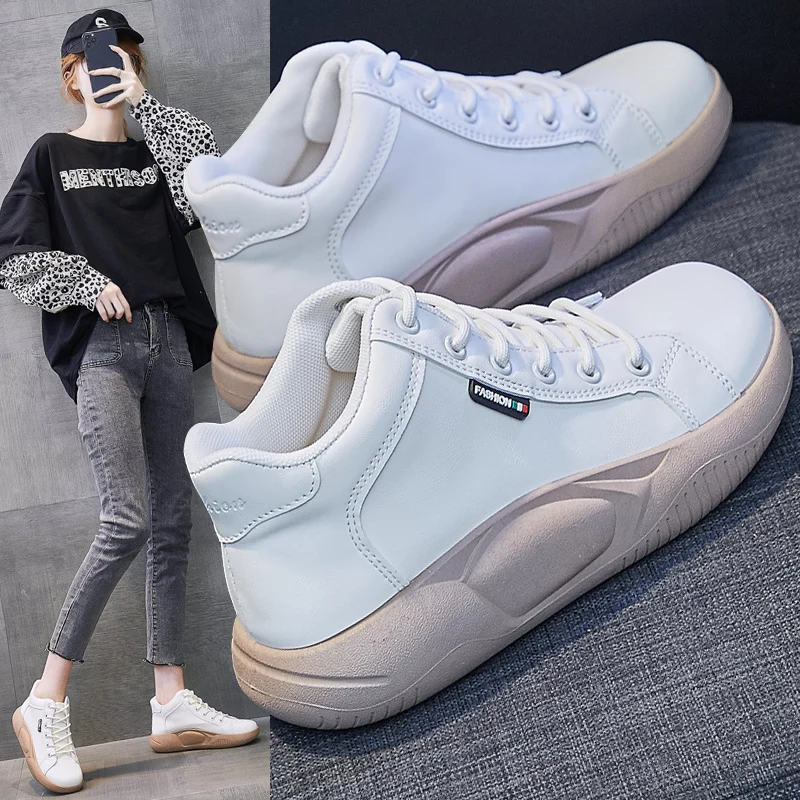 Sports Shoes with Platform for Women High Top Genuine Leather White Shoes Flat Sole Shoes Women Fashion Women Autumn Sneakers