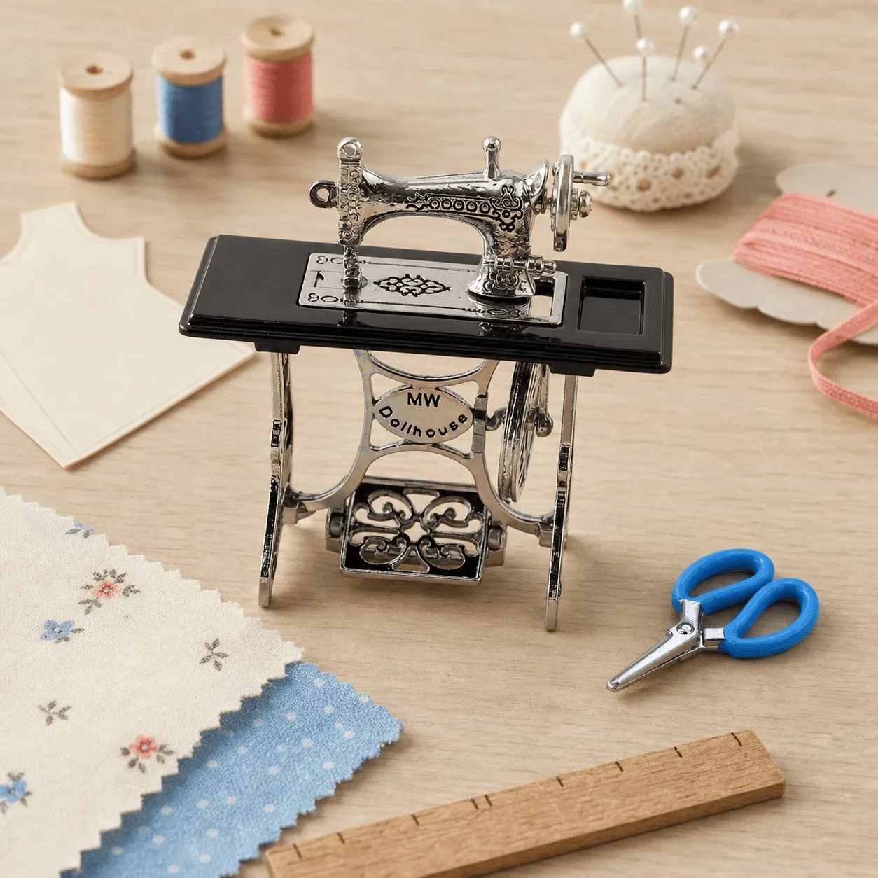 Dollhouse Mini Vintage Treadle Sewing Machine with Colorful Scissors 2Pcs Set DIY Tailor Room Scene Decor Christmas Easter  Gift