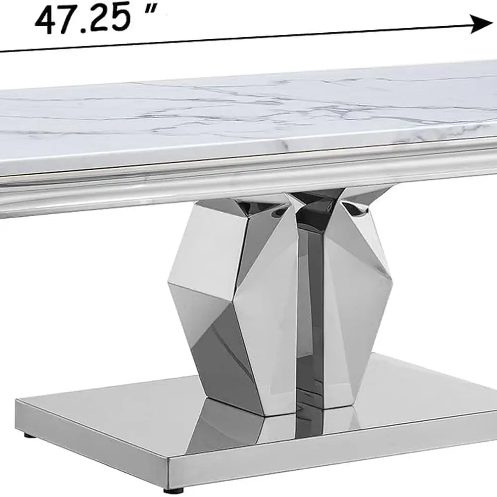 Eleganter rechteckiger Sofatisch mit weißer Marmorplatte und silberner verspiegelter Edelstahlsockel für Wohnzimmer oder Büro