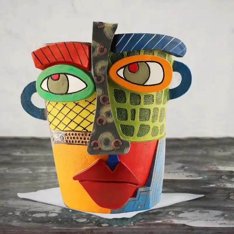 Creative Abstract Face Flower Pot Retro Color Art Succulent Green Plant Resin Flower Pot Home Office Garden Courtyard Vase