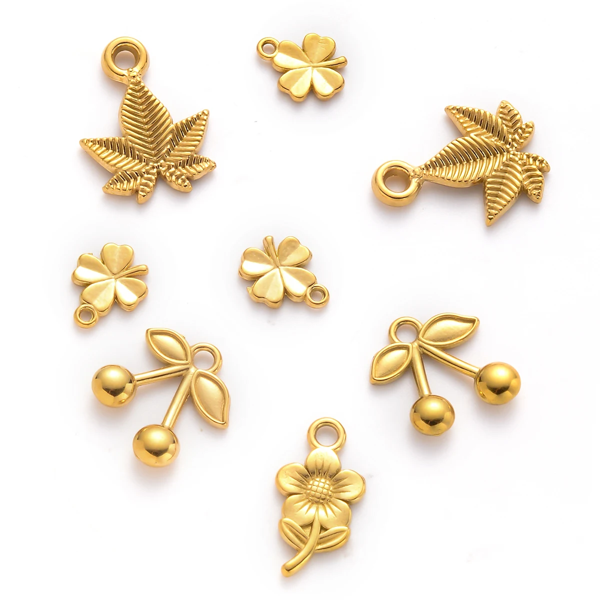 Wholesale 6pcs/lot Stainless Steel Four Leaf Clover Charms Flower Cherry Pendant DIY Bracelets Necklace Jewelry Making