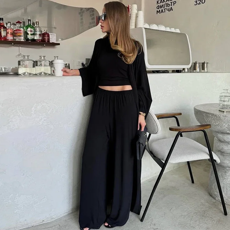 

Pants Sets Women 3 Piece Off Shoulder Sleeveless Cropped Tank Top Long Cardgian Elastic Wide Leg Pant Female Suit Lady Outfits