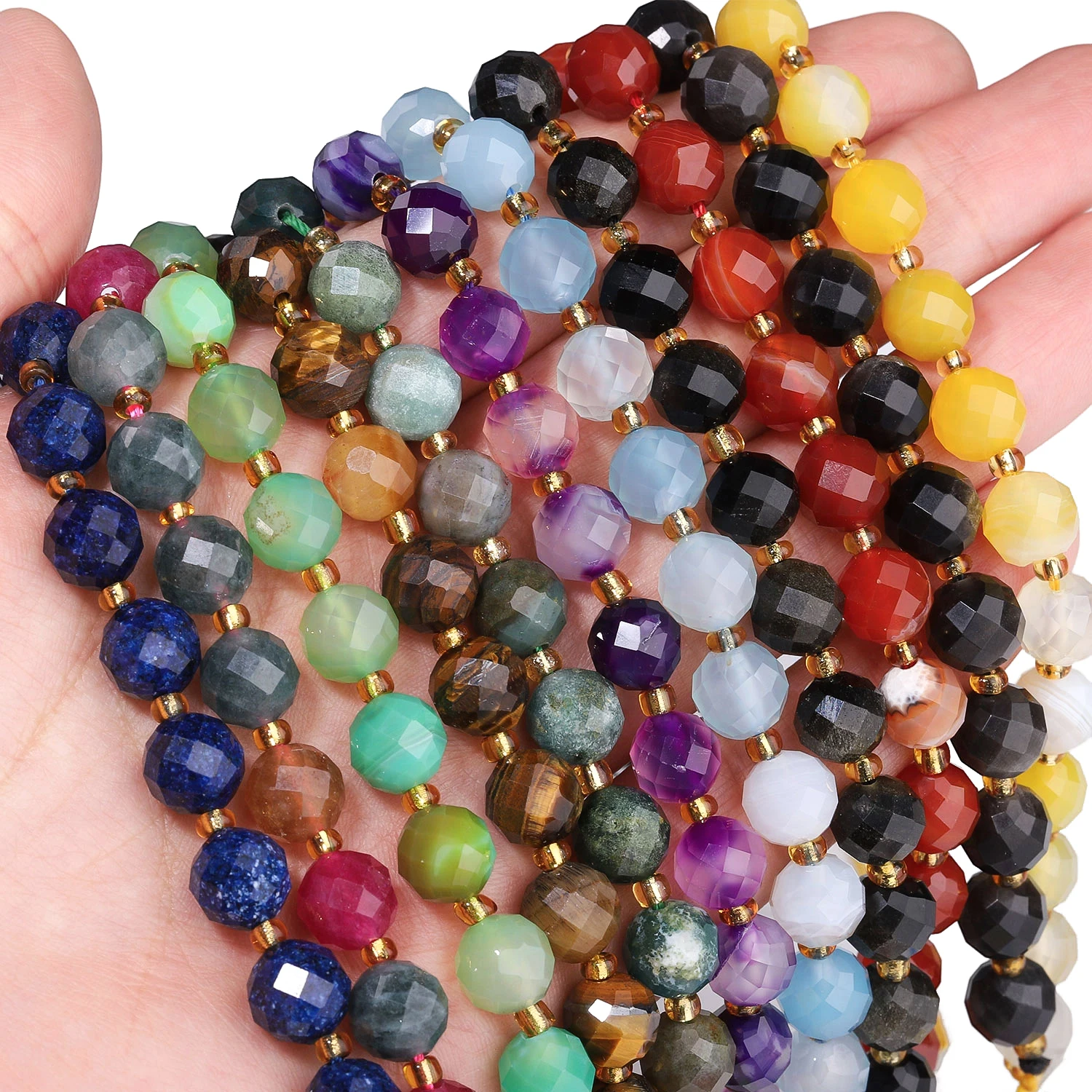 5,5-10mm facettierte Natursteinperlen aus Granat, Lapislazuli und Achat, runde Zwischenperlen für die Schmuckherstellung, DIY-Energieanhänger, Armbänder – Detail 3