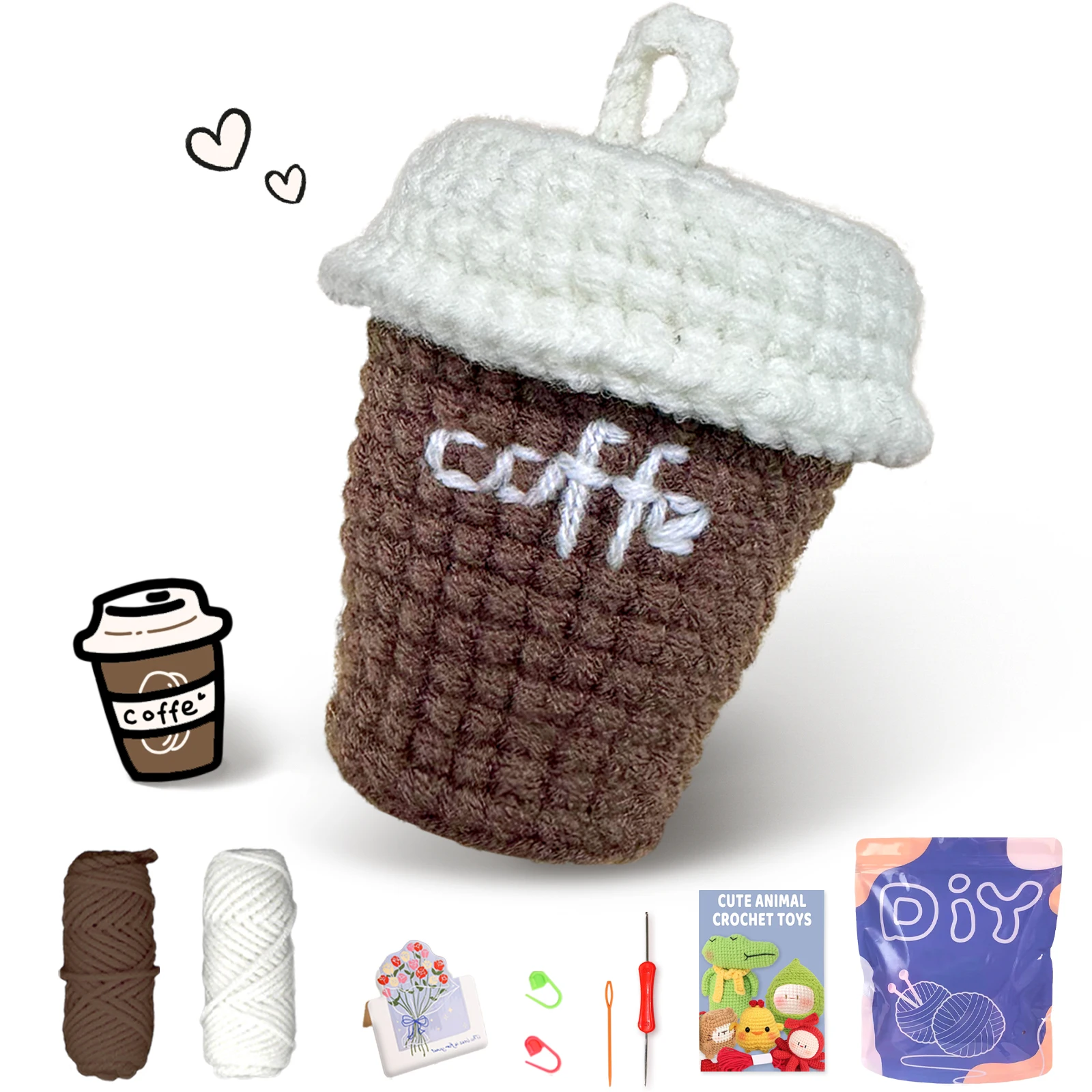 1pc Coffee Cup Family Crochet Kit for Beginners- Crochet White Pink Blue Orange Easy Learn to Starter Amigurumi Knitting Kit