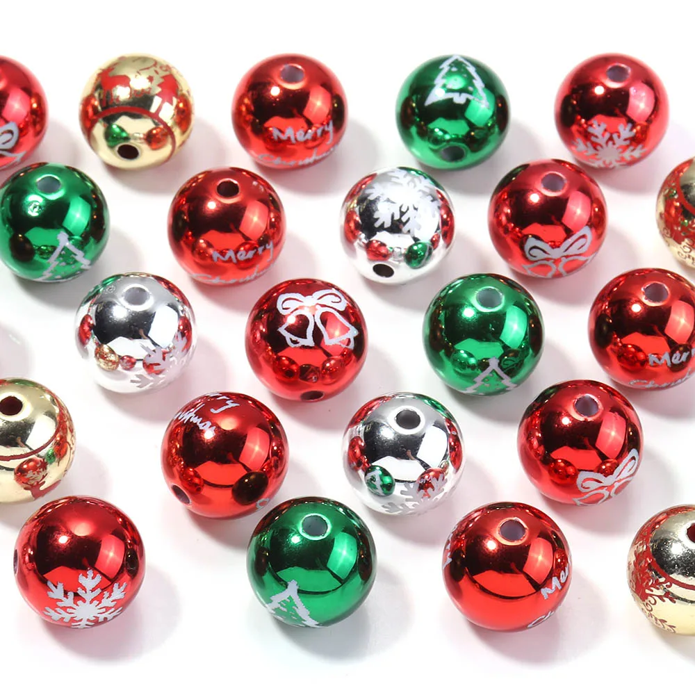 

10pcs 16mm Christmas Acrylic Beads Red Green Round Beads Loose Spacer Bead For DIY Jewelry Making Bracelet Necklace Accessories