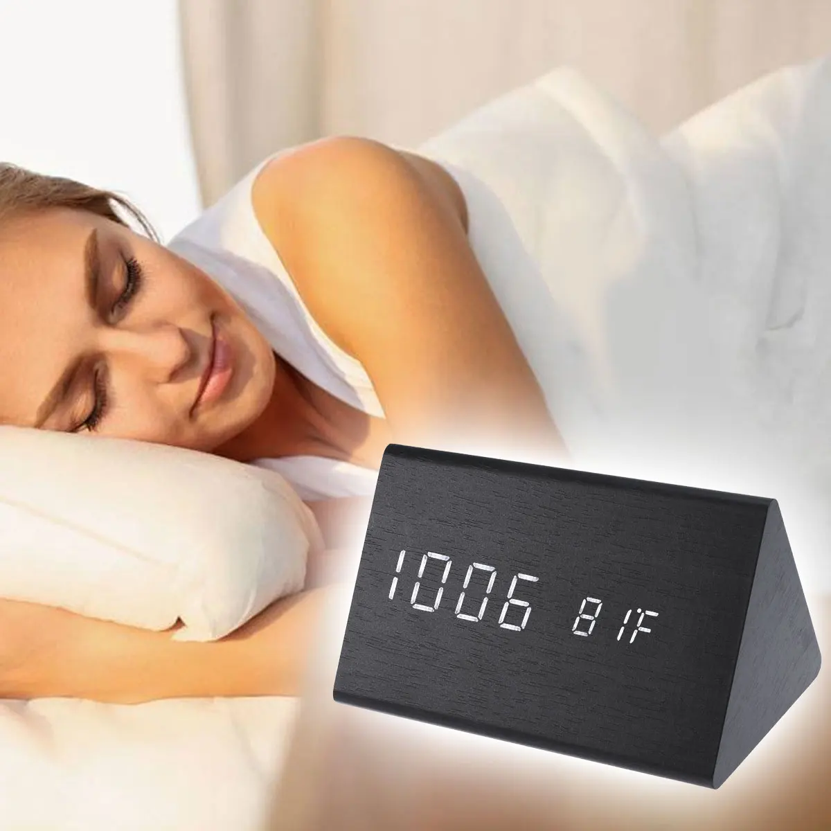 

LED Desk Wood Digital Alarm Clock Luminous Silent Clock Time Temperature Adjustable Brightness (Black Wood and White Display)