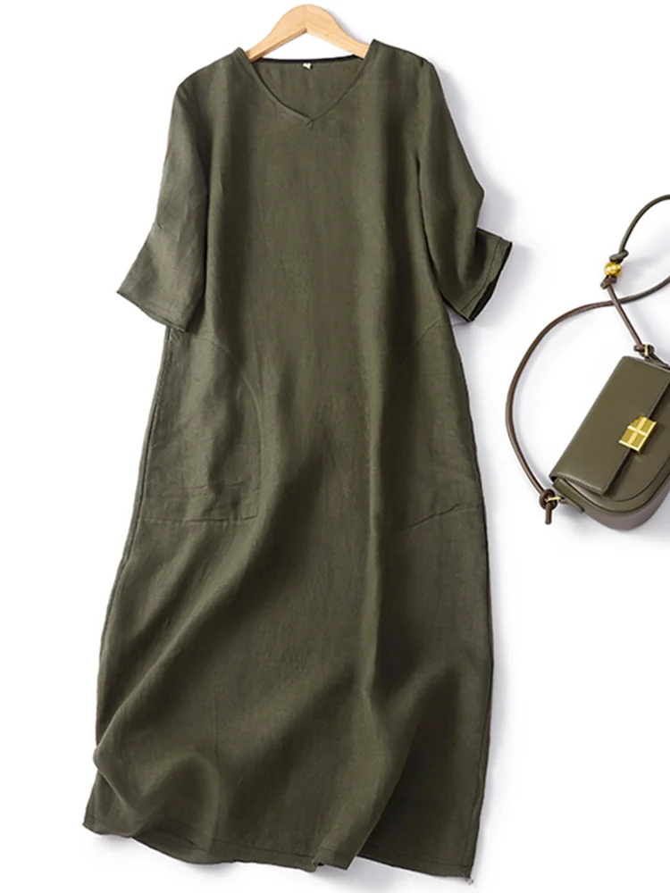 

Элегантное льняное платье с V-образным вырезом, свободного кроя, в стиле ретро, с коротким рукавом, из хлопка и льна, А-силуэт, однотонное, для повседневной носки, летнее.