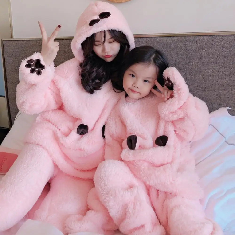 Zawaland Winter Pink Cute Hooded Loungewear Suit Warm Pile Pajama Set Mother Daughter Home Clothing Thickened Pajama Pants