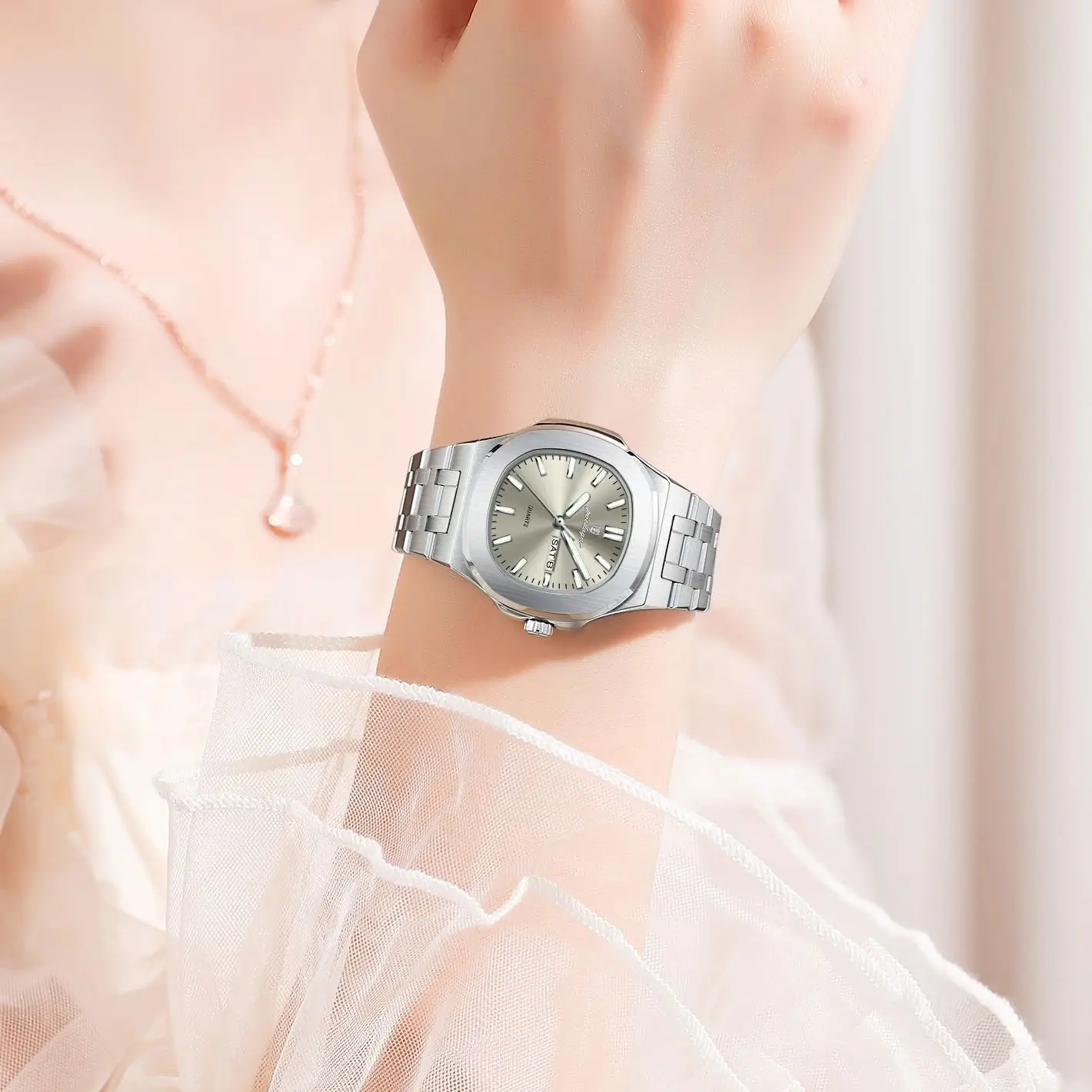 포에다가 여성용 탑 오리지널 시계 야광 날짜 요일 사각 여성 시계 스테인리스 스틸 쿼츠 여성 시계 여성용 렐로즈