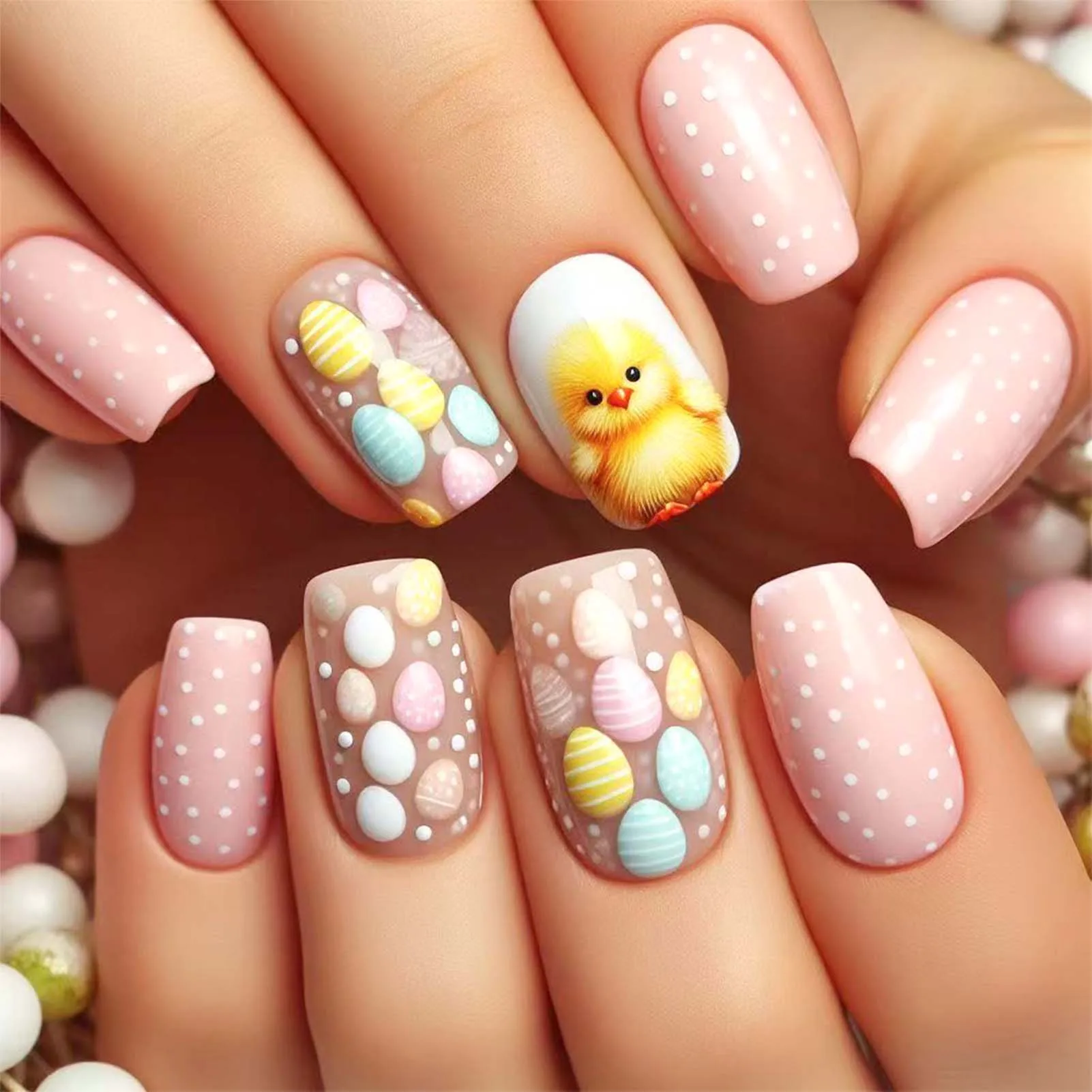 24pcs Easter Day Wearable False Nails Cute Yellow Chicken Egg Polka Dot Designs Press On Nails Short Square Sweet Fake Nail