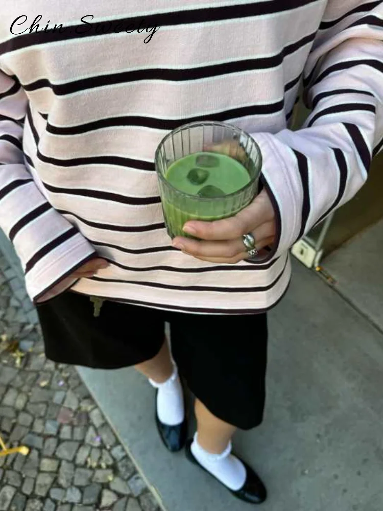 

Casual Striped T-shirts Women Loose O-neck Long Sleeve All-match Female Pullover 2025 Autumn Lady Chic Commute Shirts New