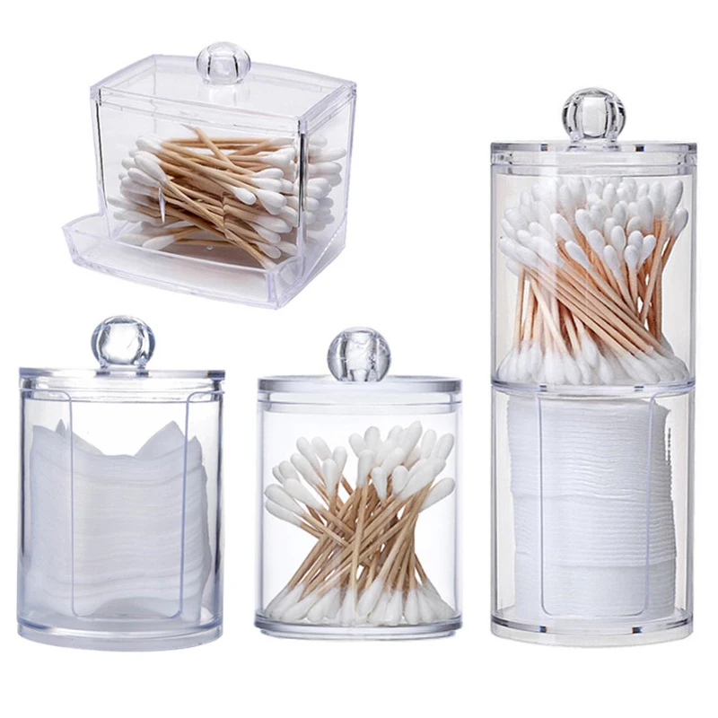 Acrylic Storage Box Bathroom Jar Makeup Organizer Cotton Round Pad Holder Cotton Swab Box Qtip Holder Dispenser with Bamboo Lid