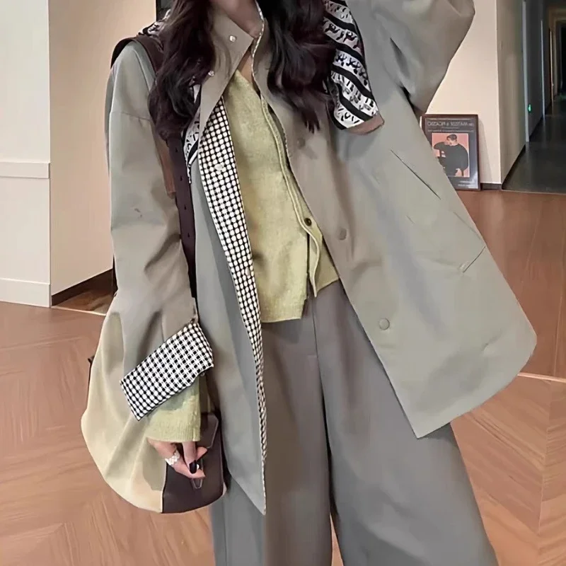 

Stand Collar Double-sided Plaid Spliced Windbreaker Coat for Women, Loose High-end Casual Coat for Autumn and Winter.