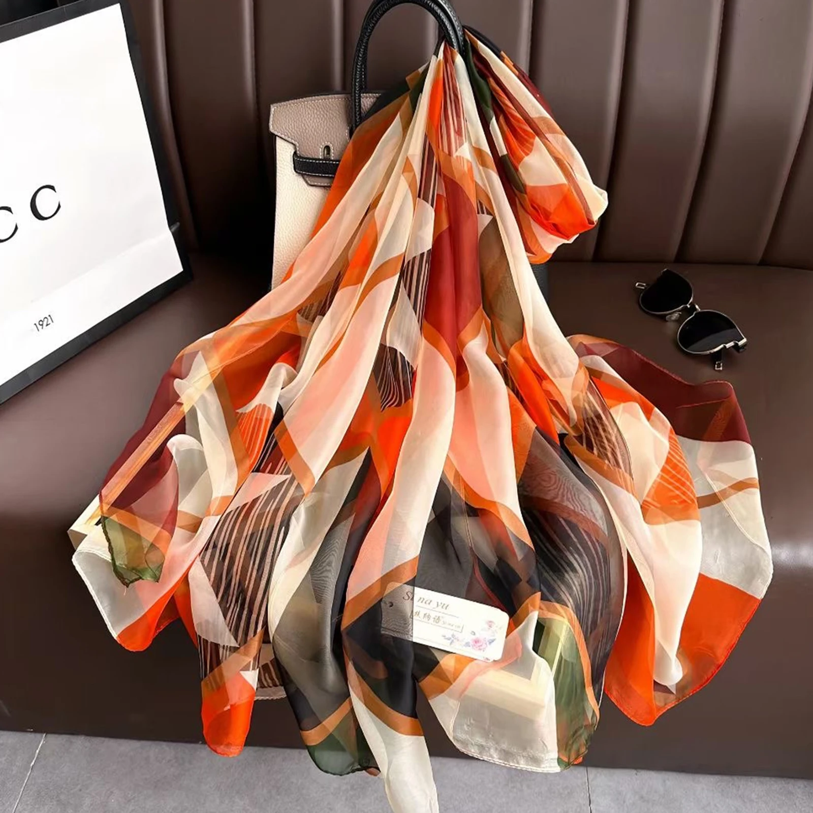 Fashion Satin Finish Sunscreen Scarves Female 185X135CM Style Beach Towel Luxury Dustproof Big Bandanna Popular Print Silk Shawl