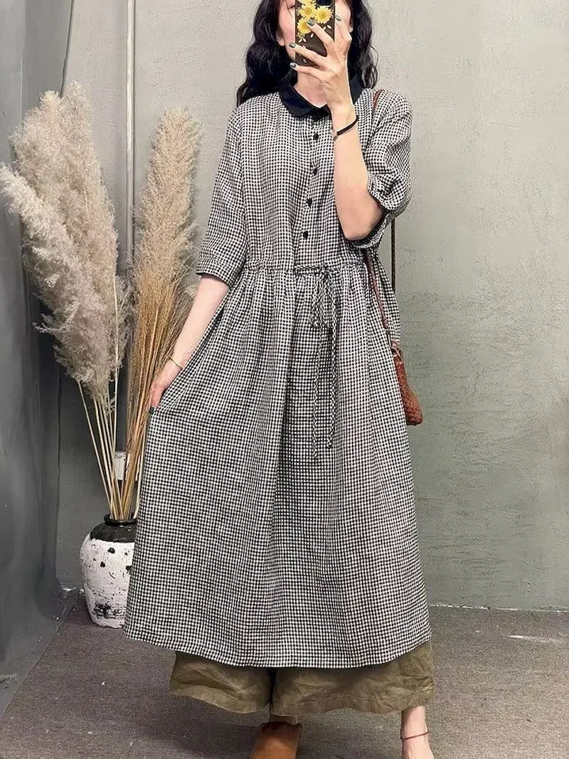 

Платье с воротником-поло, женское модное дизайнерское черно-белое клетчатое платье средней длины, новинка 2024, летнее трендовое темпераментное платье, одежда Y2k