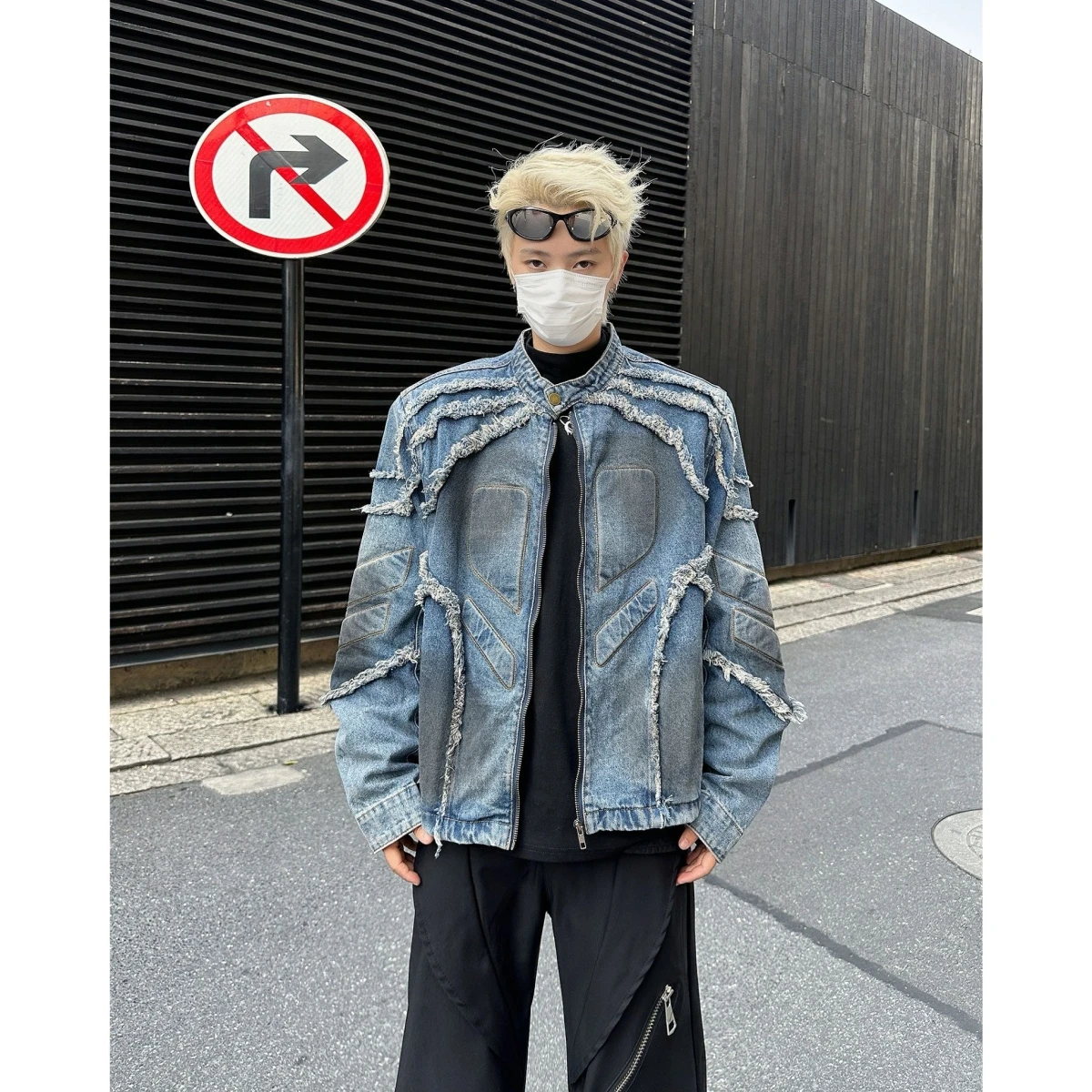 

Retro American Sle ort Motorcycle Jaet Men's Padded oulder Tassel Design Heavyweight Denim Outerwear Youth Trend