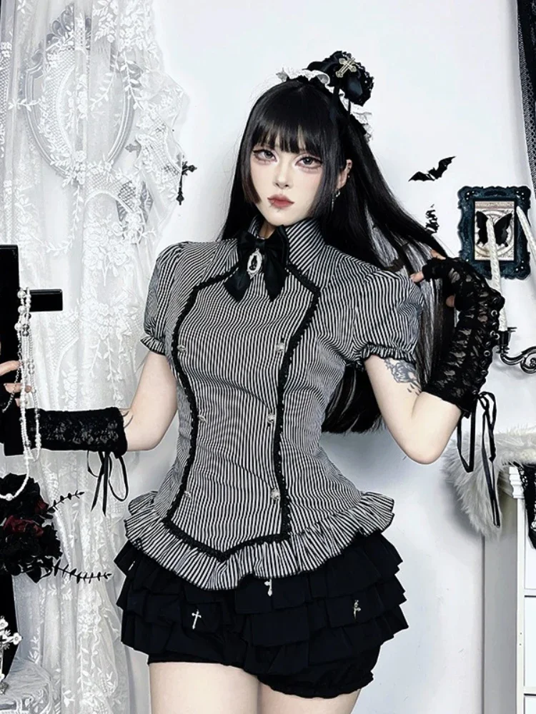 2025 Nieuwe Vintage Dark Academia Strip Shirts Vrouwen GothicY2k E-girl Kant Patchwork Ruche Zoom Bladerdeeg Mouw Blouse cosplay Outfits