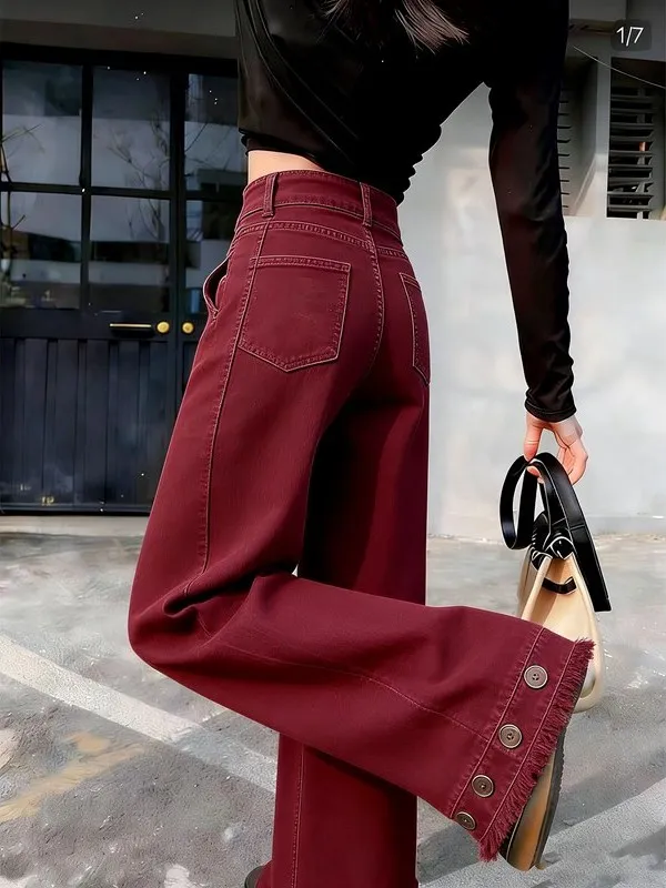 

Женские модные брюки с высокой талией и широкими штанинами, винно-красные, стройнящие, струящиеся, повседневные, прямые, свободного кроя