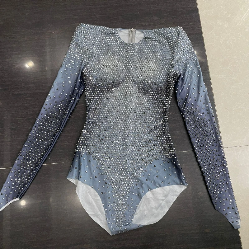 

Серебряный купальник со стразами и длинными рукавами, золотые боди для женщин, роскошный костюм для дня рождения, вечеринки, сексуальный сценический костюм для ночного клуба