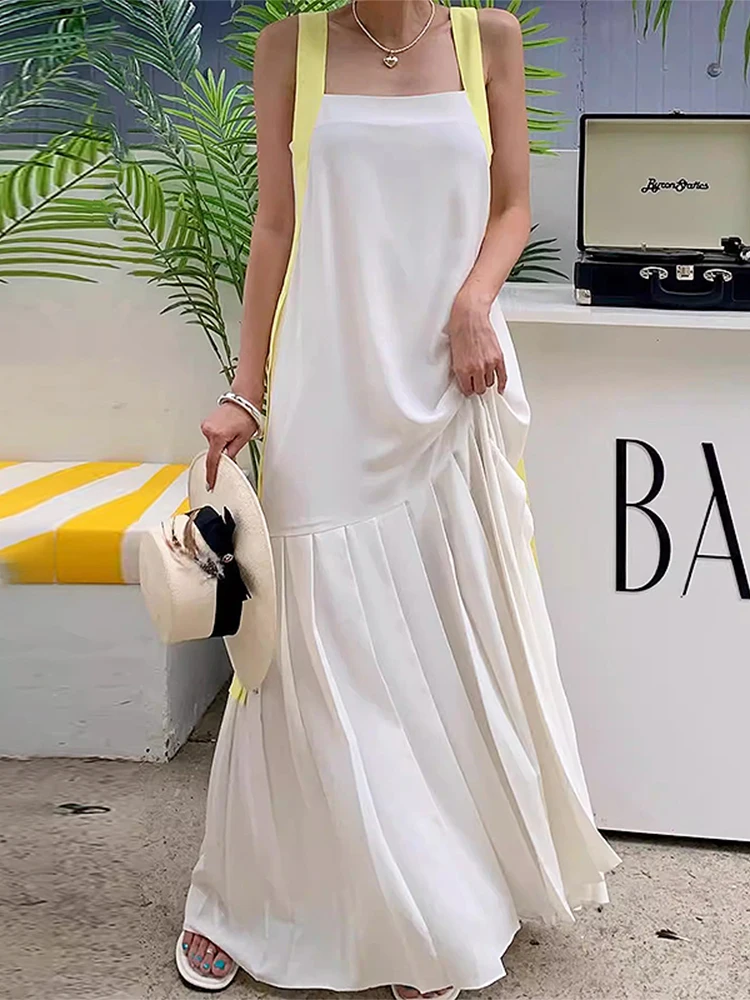 시크한 여름 젠틀한 분위기 컬러 블록 스트랩 스플라이스 플리츠 스커트 슬림핏 튜브탑 스트랩리스 드레스 하이웨이스트 롱 드레스