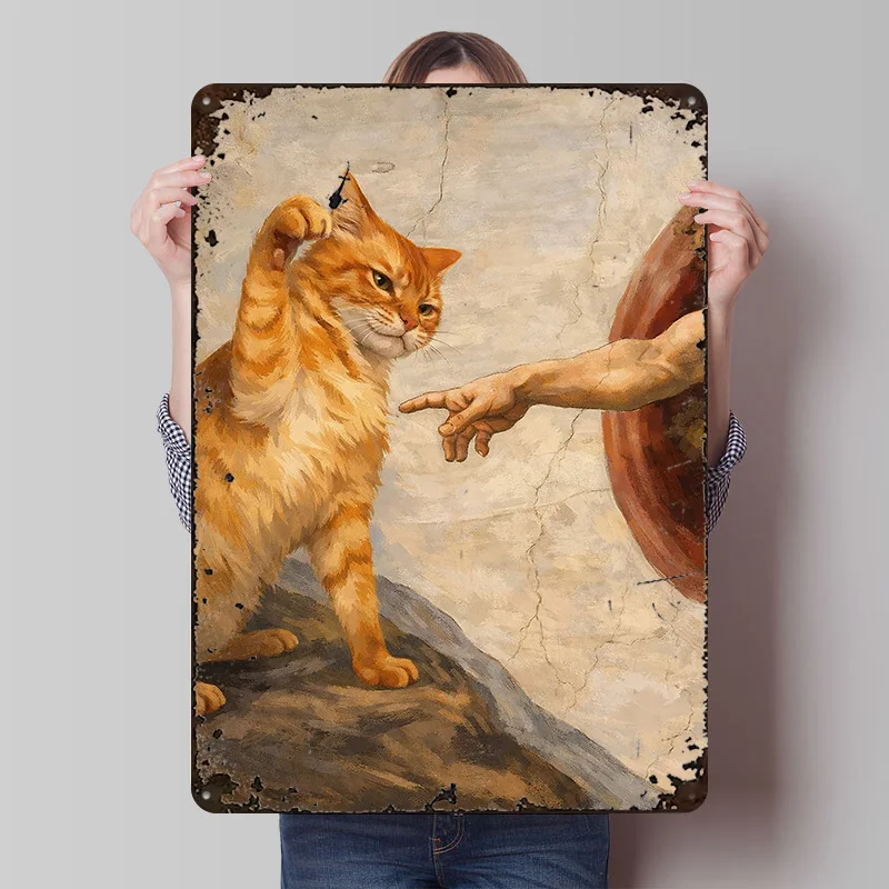 Katze und Gottes Hand Gedrucktes Poster Personalisierte Retro Wandkunst Vintage Metallschilder zur Raumdekoration Gaming Wohndekor-Artikel