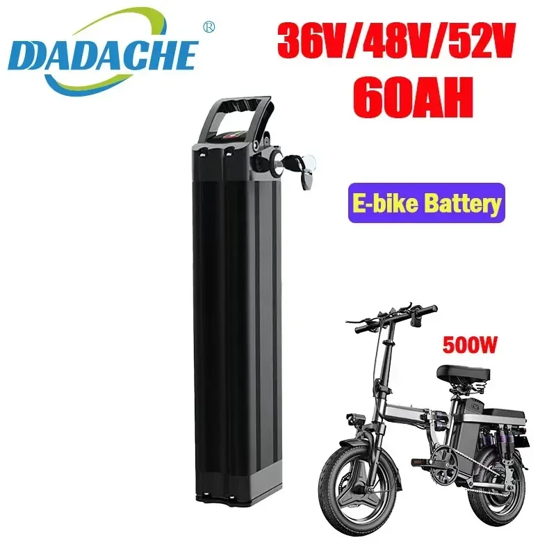 36V 48V 52V 60AH Silver Fish Style Electric Bike Battery 36V 48V 52V for Lithium Battery with Aluminum Case Anti-theft Lock