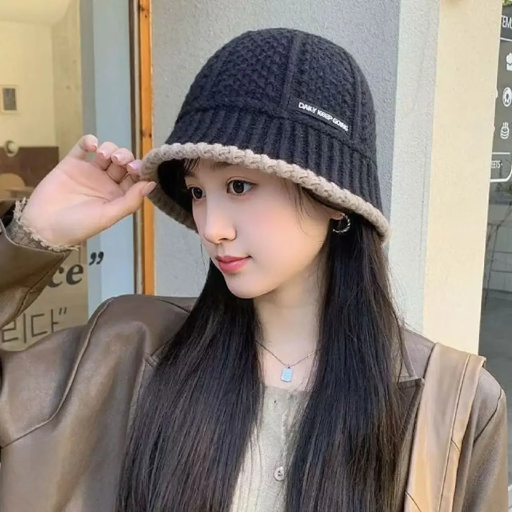 Polyester Fiber Knitted Bucket Hat Windproof Warm Women Fisherman Hat Solid Color Korean Style Wool Basin Cap Autumn Winter
