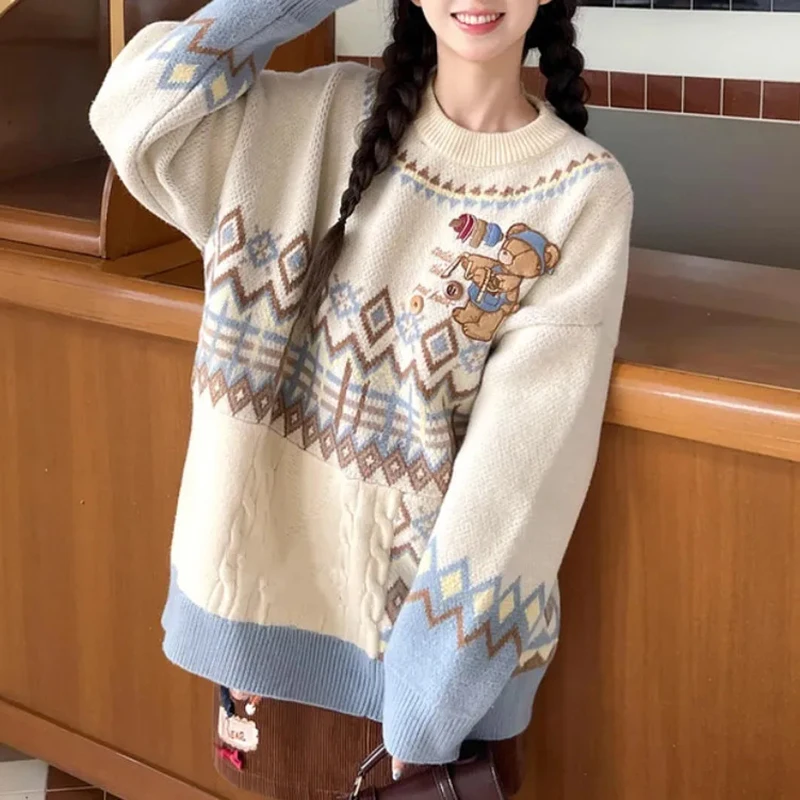 

Милый свитер с мультяшной вышивкой, женский свитер с кавайным принтом, свободные повседневные пуловеры с ленивым ветром, жаккардовые шикарные джемперы с длинными рукавами и круглым вырезом
