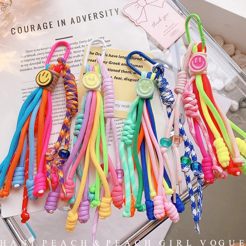 Colored Braided Rope Korean Backpack Car Pendant Keychain Fashion Cute Smiley Face Decoration Lanyard Charm keyring for Women