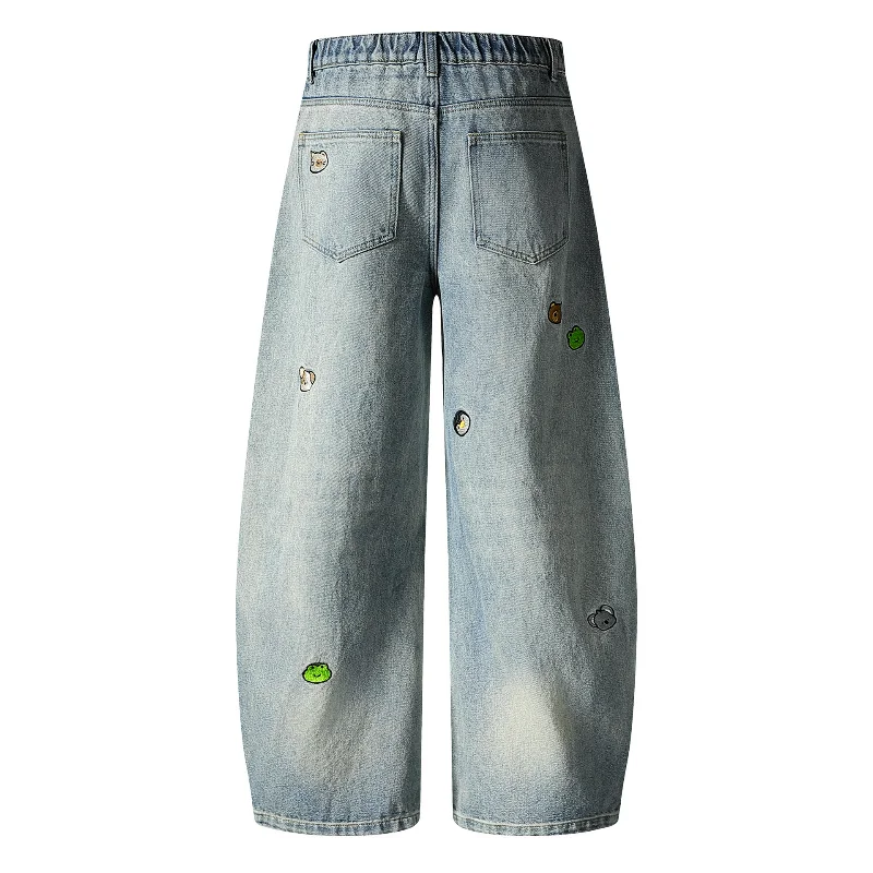 Sweet Girls Embroidery Jeans Loose Washed Denim Scimitar Trousers Women 2025 Autumn New Fun Blue Fresh Sweet Pants Fashion