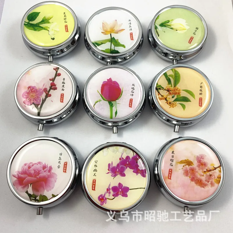 Cream jar Lipstick packaging box, round metal pill box, peach blossom, rose flower, gardenia flower, flower balm lip balm box