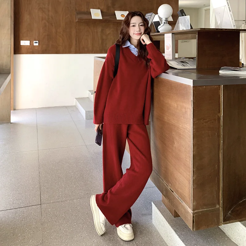 Koszula z efektem łączenia, imitacja dwuczęściowego topu z dzianiny + luźne spodnie z szerokimi nogawkami w jednolitym kolorze, damski zestaw dwuczęściowy na jesień i zimę 2025, nowość.