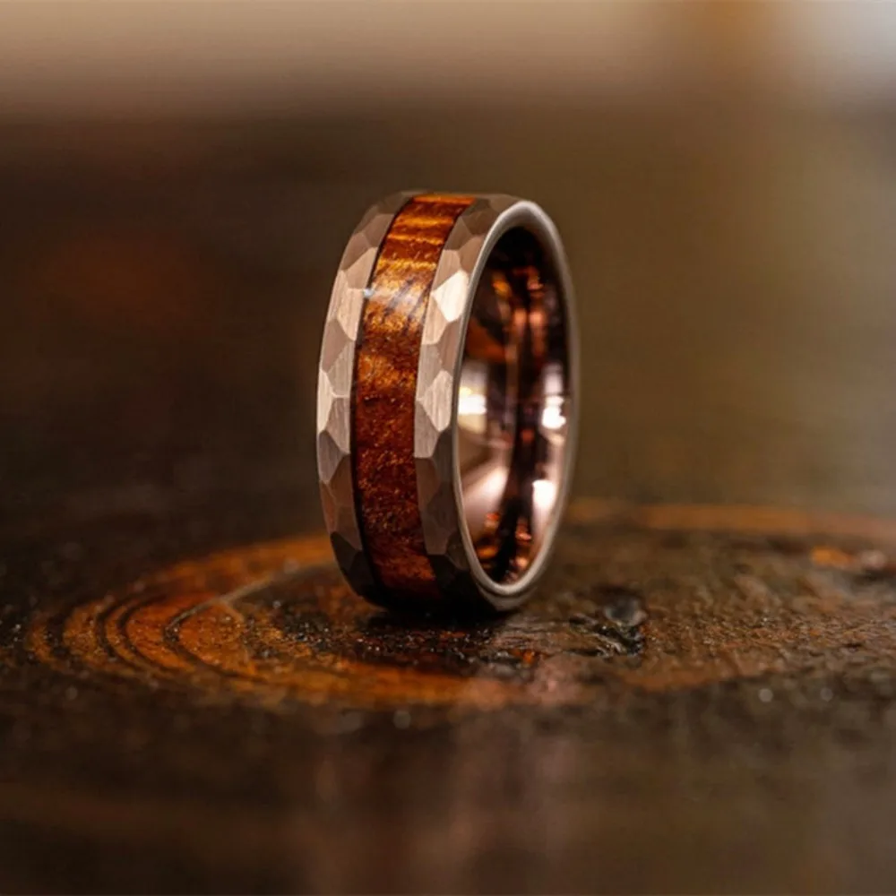 

Luxury 8MM Koa Wood Inlay Stainless Steel Rings Bevel Edge Men's Steel Jewelry Polished Wedding Engagement Band Ring Wholesale
