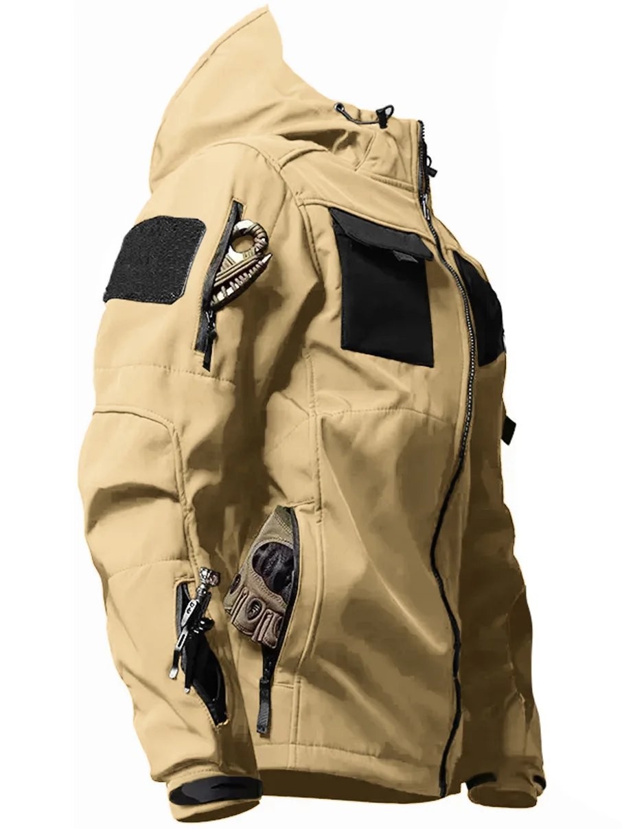 

2025 Men's color matching multi-pocket tactical jacket, thickened warm military fan waterproof hooded mountaineering, jacket