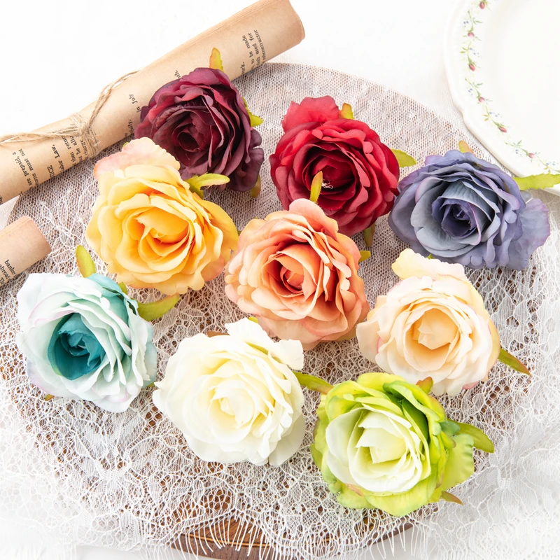 Artificial Flowers for Wedding 6Cm 10Pcs Silk Roses Heads Scrapbooking Garden Home Party Decor Diy Christmas Wreaths Accessories