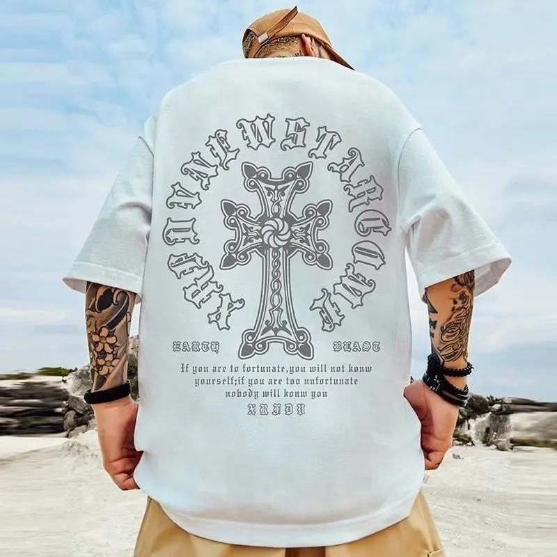 M-8XL Men's T-shirt Oversized Loose and Fashionable Cross Print T-shirt Student Youth Simple Casual Top Summer Couple Outfit image 2