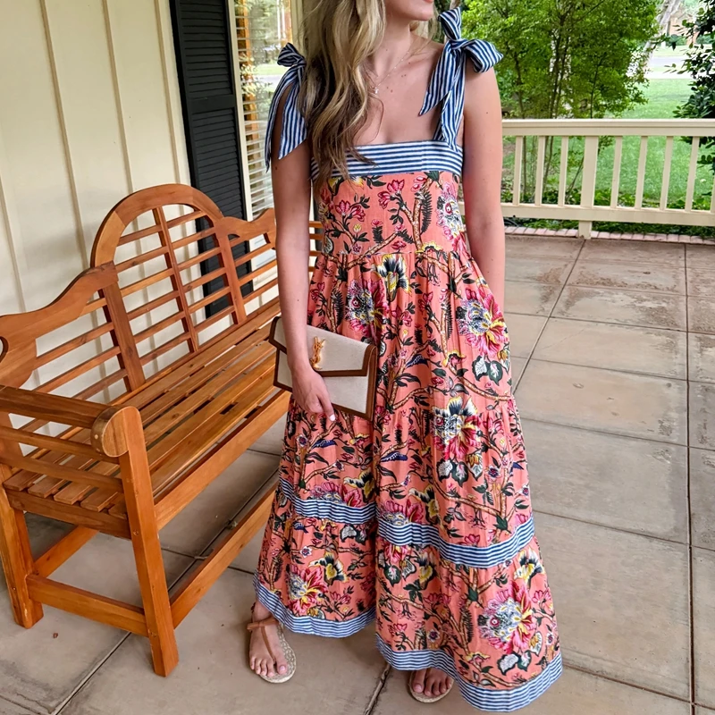 Maemukilabe feminino cottage boho maxi vestido floral gravata ombro flowy vestido longo verão praia pescoço quadrado babado em camadas vestido de verão