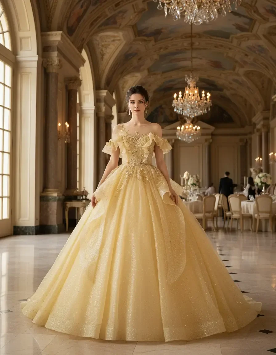 Champagnergelbes schulterfreies Ballkleid aus Tüll mit goldener Stickerei, Quinceanera-Abschlussballkleid mit kostenlosem Unterrock